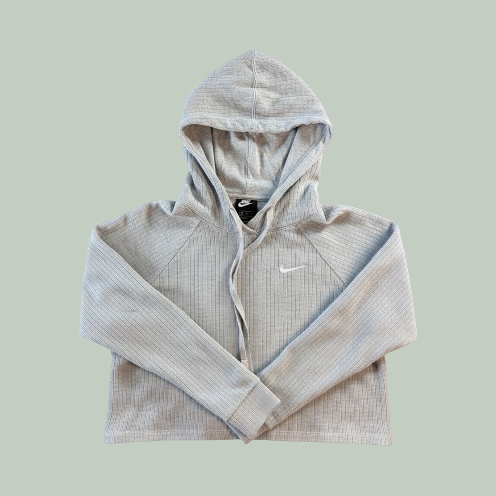 Croppedd Nike Sportswear Womens Medium Ribbed Knit Hoodie Heather Gray Cotton